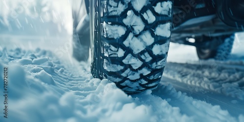 A close-up shot reveals winter tires rolling through fresh snow on an empty road.