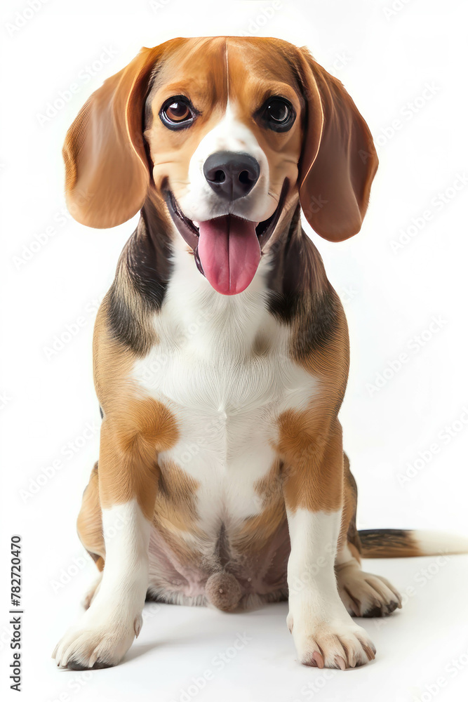 Experience the charm of a smiling beagle in a bright studio setting. AI generative technology ensures every detail of this adorable pet is highlighted.