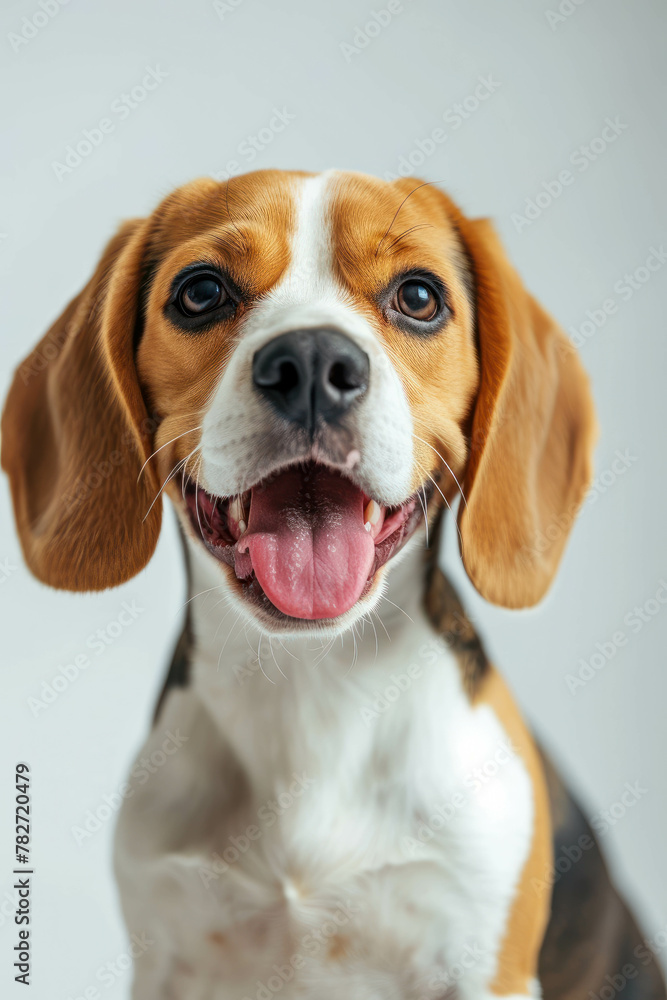 Capture the joyful essence of a happy beagle in this professional studio portrait against a white background. AI generative technology enhances the vibrant lighting.