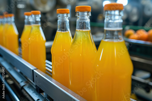 Witness the efficiency of a production line as four bottles of orange juice are sealed. AI generative technology ensures realistic portrayal of manufacturing processes. photo