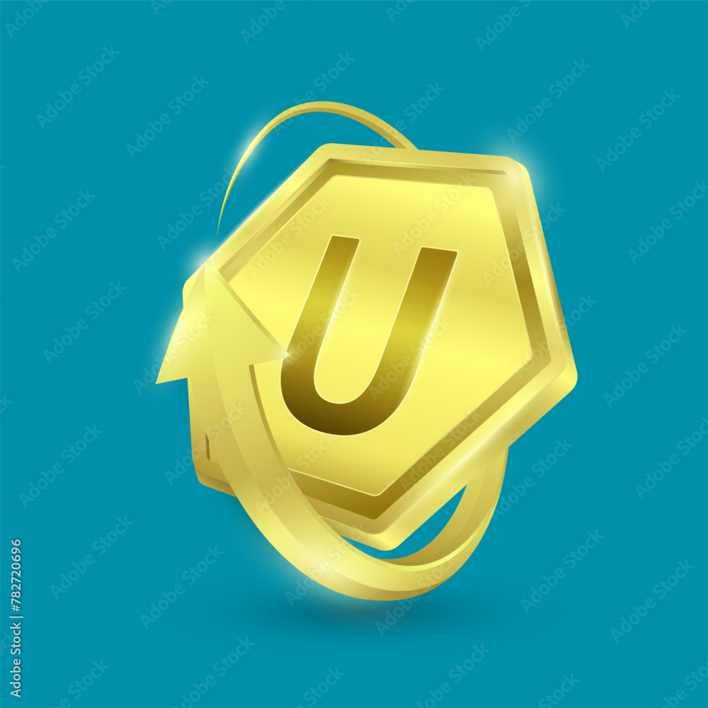 Obraz premium Vitamin U in shine gold hexagon shape surrounded by arrows. Used for design dietary supplement products. Vitamins label symbol 3D on blue background. Isolated vector EPS10 illustration.
