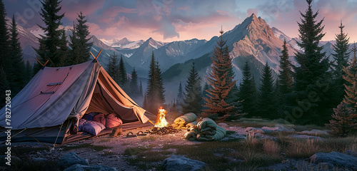 A picturesque mountain camping site at dawn, with a family tent open to reveal cozy sleeping bags, and a small, extinguished campfire in front. 32k, full ultra HD, high resolution photo