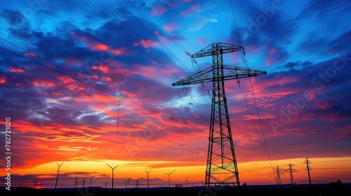 Sunset casting a warm glow on power lines and wind turbines in a rural setting