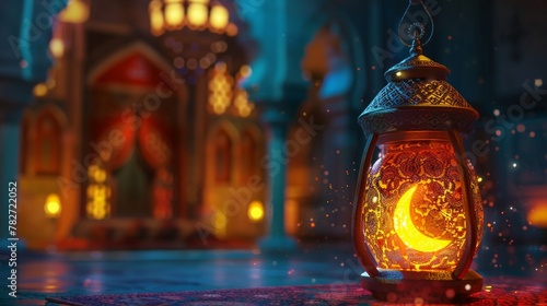 Animated character 3D image of ramadan crescent inside a lantern glass torching like a flame