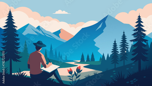 In the serene quietness of a forest an artist finds inspiration and seclusion under a towering evergreen capturing the beauty of the towering