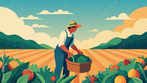 A contrast of a vast field of fullygrown vibrant vegetables with a lone figure carefully plucking mature produce from their stems and placing