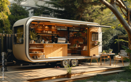 A modern coffee van sits on a large sunny deck in the backyard, embodying cinematic and oriental aesthetics. AI generative technology enhances visual appeal. photo