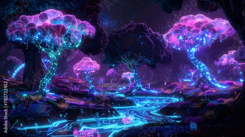 Nightscape forest on neon style. Fairytale word background © Rijaliansyah