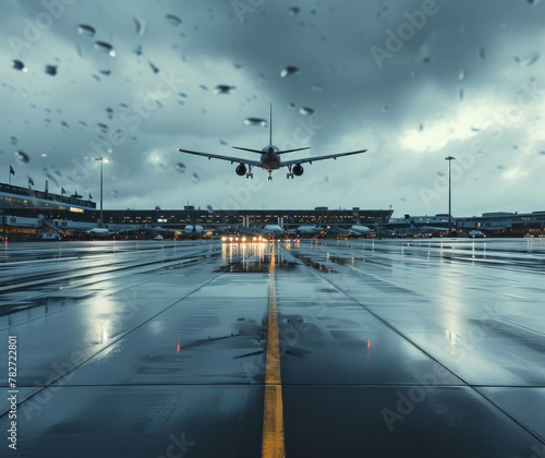 Experience the nostalgic view of a plane flying above Arlanda Airport, Sweden on a rainy summer afternoon, captured from underneath with low saturation. AI generative technology enhances realism. photo