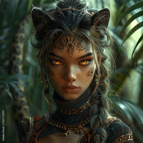 Captivating Feline-Inspired Mutant's Mesmerizing Gaze in Vibrant Jungle Landscape,Digital Art Fantasy Portrait © vanilnilnilla