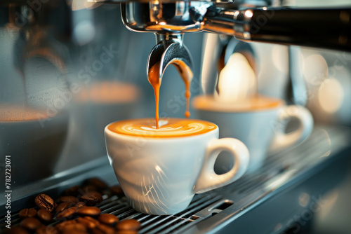 Explore the magic of espresso brewing with a coffee machine, capturing the essence of the cafe. AI generative technology elevates the coffee-making process.