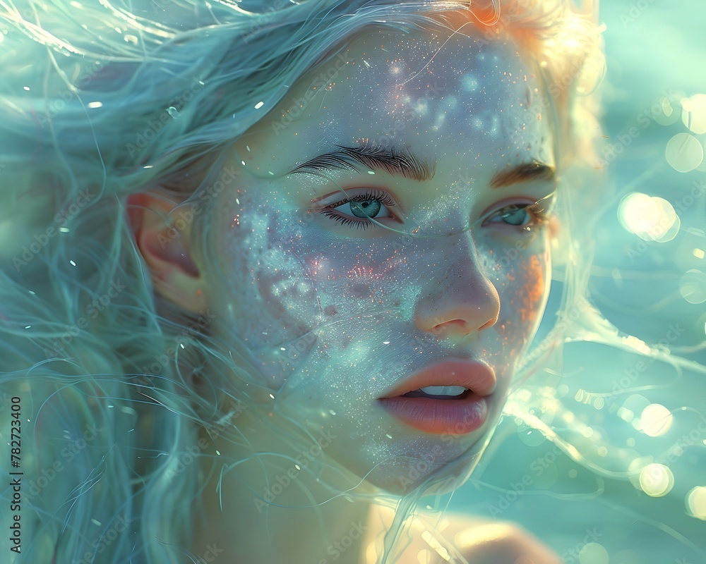 Ethereal Aquatic Mutant Portrait with Shimmering Watercolor Skin and Flowing Water-like Hair Against Tranquil Ocean Backdrop