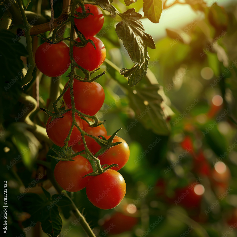 Ripe tomatoes hang in green leaves, plump and inviting. Captured in side view with multiple exposure, featuring blind box toys. AI generative technology enhances high detail.