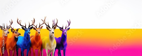 Large group of deer with colorful hair isolated on a white background.
