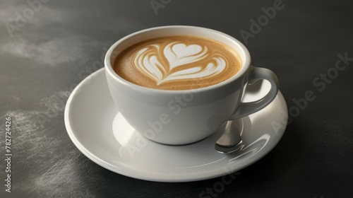 White coffee cup with heart design on it sits on white plate