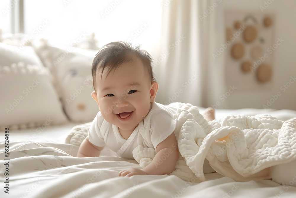 Cute baby laughing crawling on top of a bed, in daylight Cute baby laughing crawling on top of a bed, in daylight