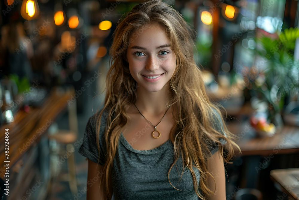 Portrait of a smiling young woman in a cafe, capturing a casual, approachable urban lifestyle, ideal for social media and lifestyle magazines