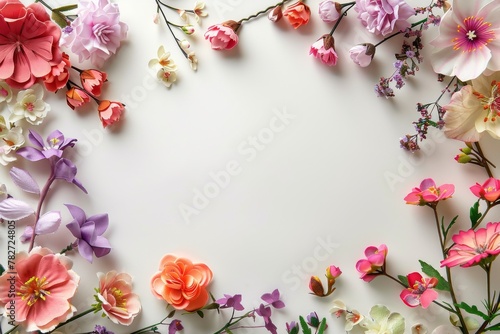 Assorted vibrant flowers arranged on white background. colorful flowers meticulously arranged on a white backdrop displaying a brilliant spectrum of colors and showcasing a variety of species © Merilno