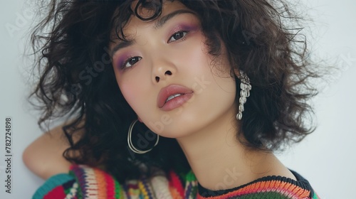 Kyrgyz beauty model has curly hair and is wearing colorful makeup and earrings. She is dressed in a striped shirt and looking directly at the camera