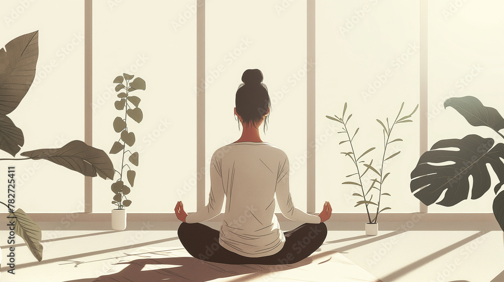 A woman in a yoga pose arrives in harmony, calm, catches zen and meditates, mental health and personality of a person. Self-care and healthiness A woman in a yoga pose arrives in harmony, calm, catches zen and meditates, mental health and personality of a person. Self-care and healthiness