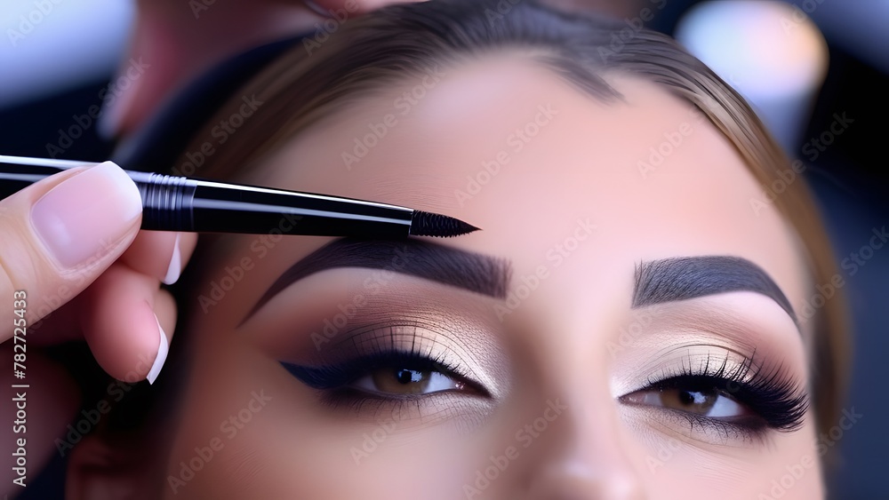 Eyebrow coloring. Woman applying brow tint with makeup brush closeup. Girl model using liquid peel-off brow gel, beauty product on eyebrows