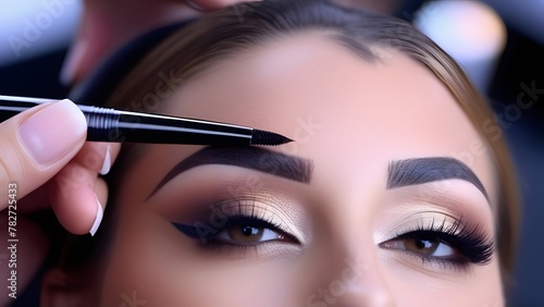 Eyebrow coloring. Woman applying brow tint with makeup brush closeup. Girl model using liquid peel-off brow gel, beauty product on eyebrows photo