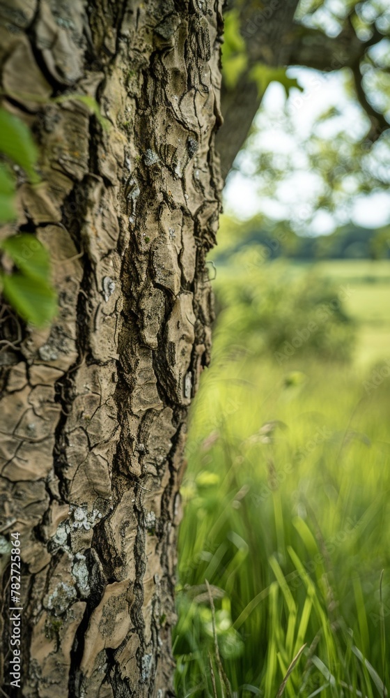 A close-up of the textured bark of a tree in a lush green meadow A close-up of the textured bark of a tree in a lush green meadow