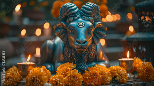 Sacred Nandi Bull Statue with Diya Candles, Spiritual Hindu Decor, Shivratri Festival Atmosphere, Suitable for Religious Article Illustrations, Spirituality Blogs photo