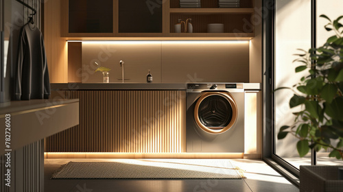 Revolutionize your household chores with a contemporary washing machine by UltraWash. AI generative. photo