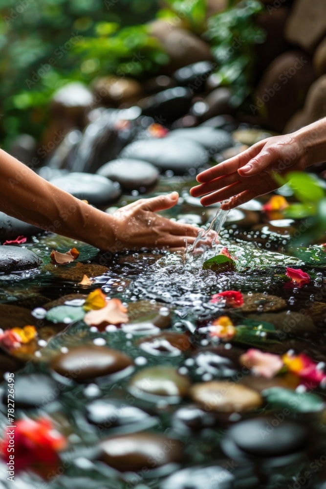 A focus on natural elements: a person receives a massage on a bed of leaves, surrounded by stones and flowing water A focus on natural elements: a person receives a massage on a bed of leaves, surrounded by stones and flowing water