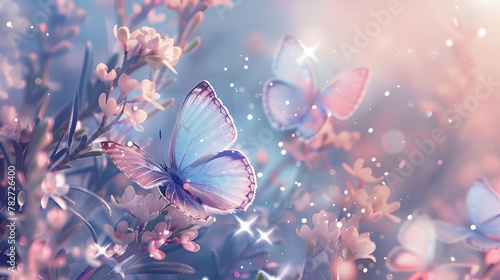 Enchanted Spring Blossoms with Glimmering Butterflies, Fantasy Floral Artwork, Fairy Tale Imagery, Ideal for Greeting Cards, Dreamy Backgrounds, copy space © Lolik