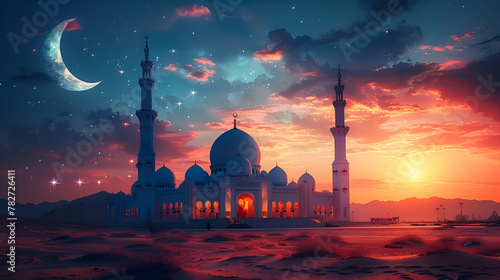 Majestic Mosque under Starry Sky, Fusion of Tradition and Fantasy, Suitable for Cultural Festivities Highlights, Travel Dreamscapes, Religious Event Collateral, copy space