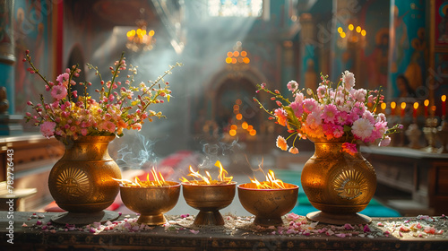 Altar with Candles and Spring Flowers, Sacred Easter Celebrations, Suitable for Religious Publications, Spiritual Well-being Blogs, Cultural Insights, copy space