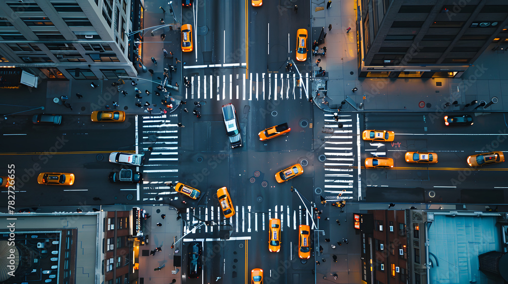 Nighttime Aerial View of Busy urban City Street with Traffic and Pedestrians. Nighttime Aerial View of Busy urban City Street with Traffic and Pedestrians.