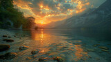 Alpine Dawn Splendor, Serene Lake with Sunrise, Perfect for Nature Calendars, Environmental Awareness Campaigns, copy space