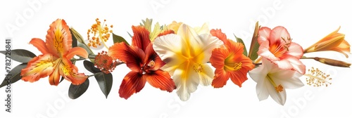 Assorted vibrant flowers arranged on white background. colorful flowers meticulously arranged on a white backdrop displaying a brilliant spectrum of colors and showcasing a variety of species