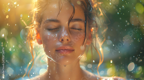 Refreshed Young Woman in Summer Rain, Natural Beauty, Joyful Moments Concept, Ideal for Skincare and Wellness Promotions, with Copy Space