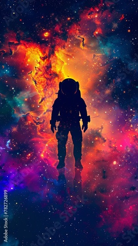 A lone astronaut in a classic pop art pose, silhouetted against a vibrant nebula