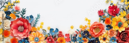 Assorted vibrant flowers arranged on white background. colorful flowers meticulously arranged on a white backdrop displaying a brilliant spectrum of colors and showcasing a variety of species