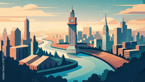 A birds eye view captures a sprawling metropolis with a winding river ting through the cityscape. Amidst the modern buildings and bustling