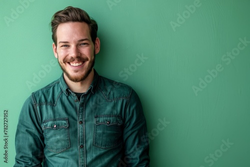 Portrait of a handsome man smiling at the camera against a green background