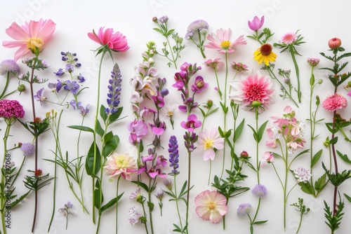 Assorted vibrant flowers arranged on white background. colorful flowers meticulously arranged on a white backdrop displaying a brilliant spectrum of colors and showcasing a variety of species