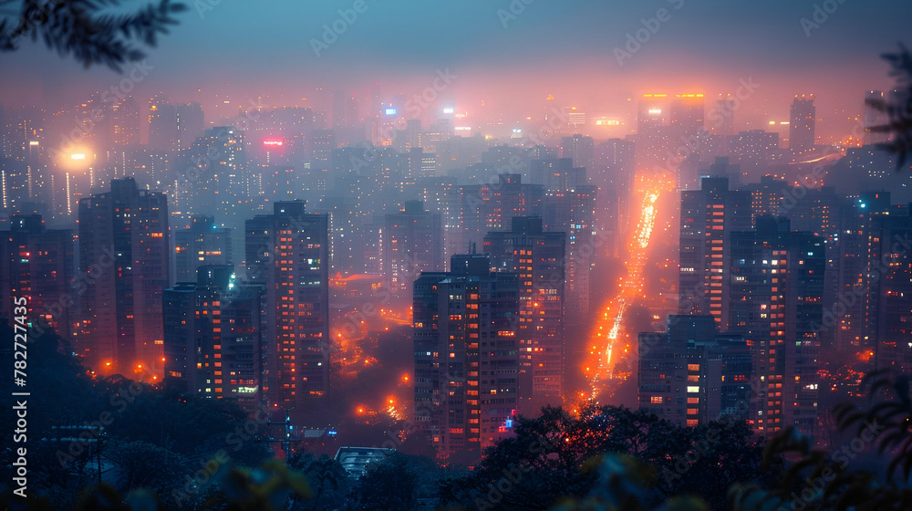 Fototapeta premium Night View of City Lights, Urban Twilight Ambience, Cityscape Concept