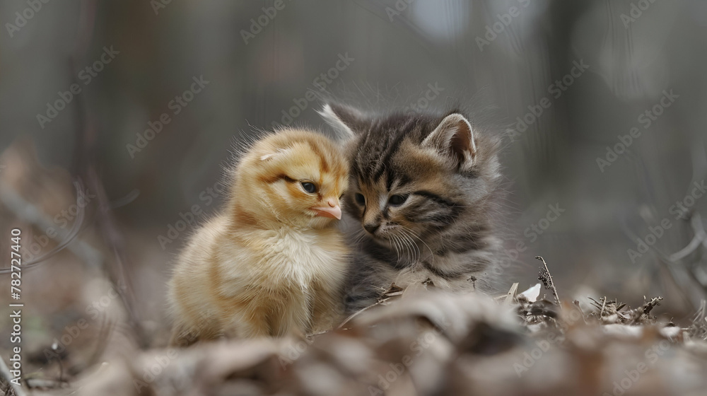 Kitten and Chick Friends, Cute Animal Bonding, Friendship Concept
