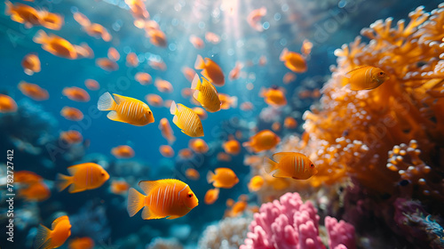 Vivid Coral Reef with Tropical Fish  Underwater Ecosystem  Marine Wildlife Photography  Vibrant Underwater Life  Nature and Marine Biology Concept  Ideal for Environmental Awareness Campaigns