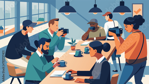 A group of photographers gathered around a table at a lively coffee shop each one intently focused on capturing the bustling energy and