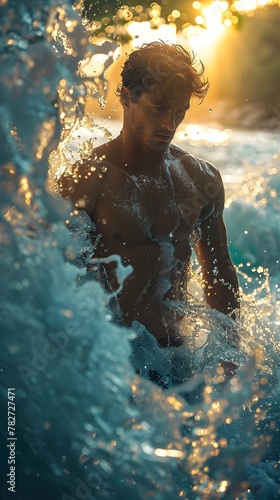 Powerful Mutant Wielding Aquatic Abilities Amid Crashing Waves in Rendering © vanilnilnilla