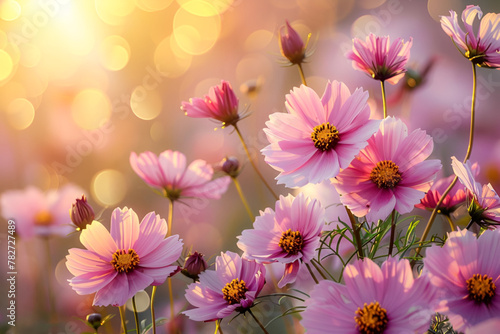 Cosmos Flowers at Sunrise, Vibrant Nature Style, Blissful Garden Concept