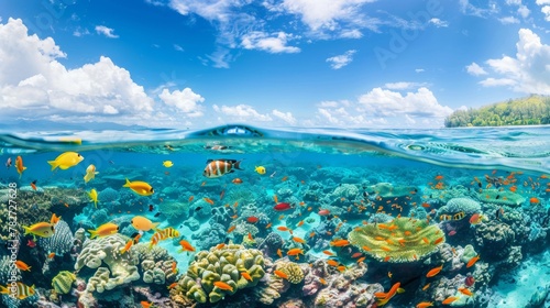 A panorama of a coral reef teeming with colorful fish  visible even from a distance through