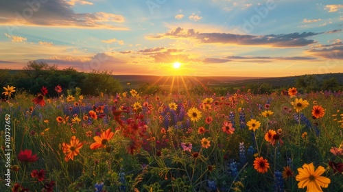 A panorama of a wildflower field at sunset  showcasing the vibrant colors of the flowers bathed in warm golden light